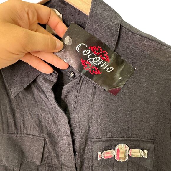 Cocomo Womens‎ Petite L Sheer Black Button-Up Shirt Rhinestone Long Sleeve - Picture 8 of 12